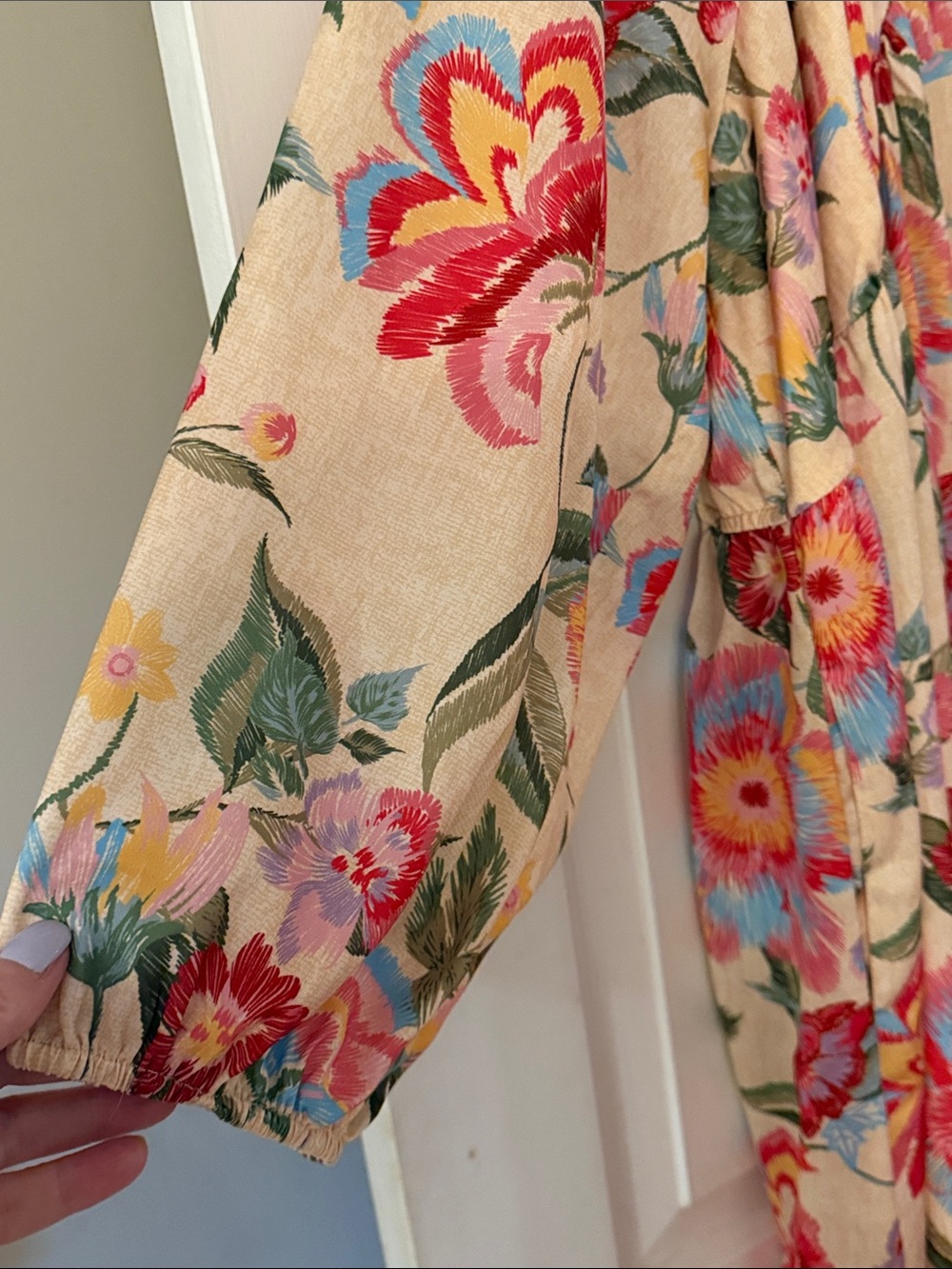 Skies Are Blue Floral Maxi Dress in Cream with Red & Blue Blooms - Picture 5 of 7